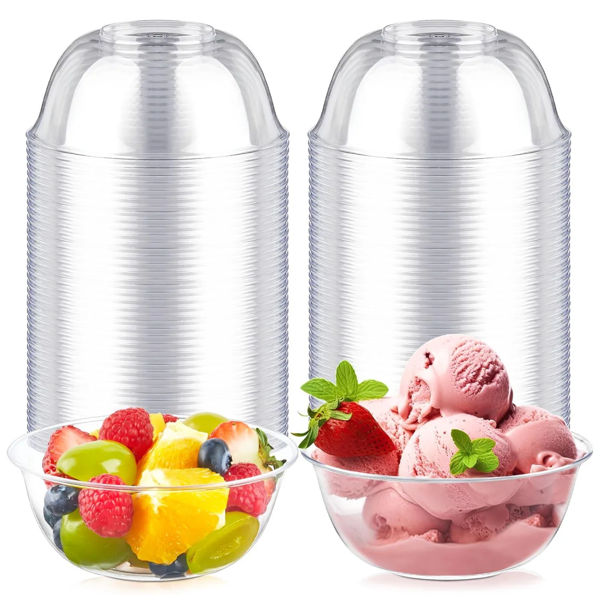 Stack of 50 clear round plastic bowls, 12 oz each