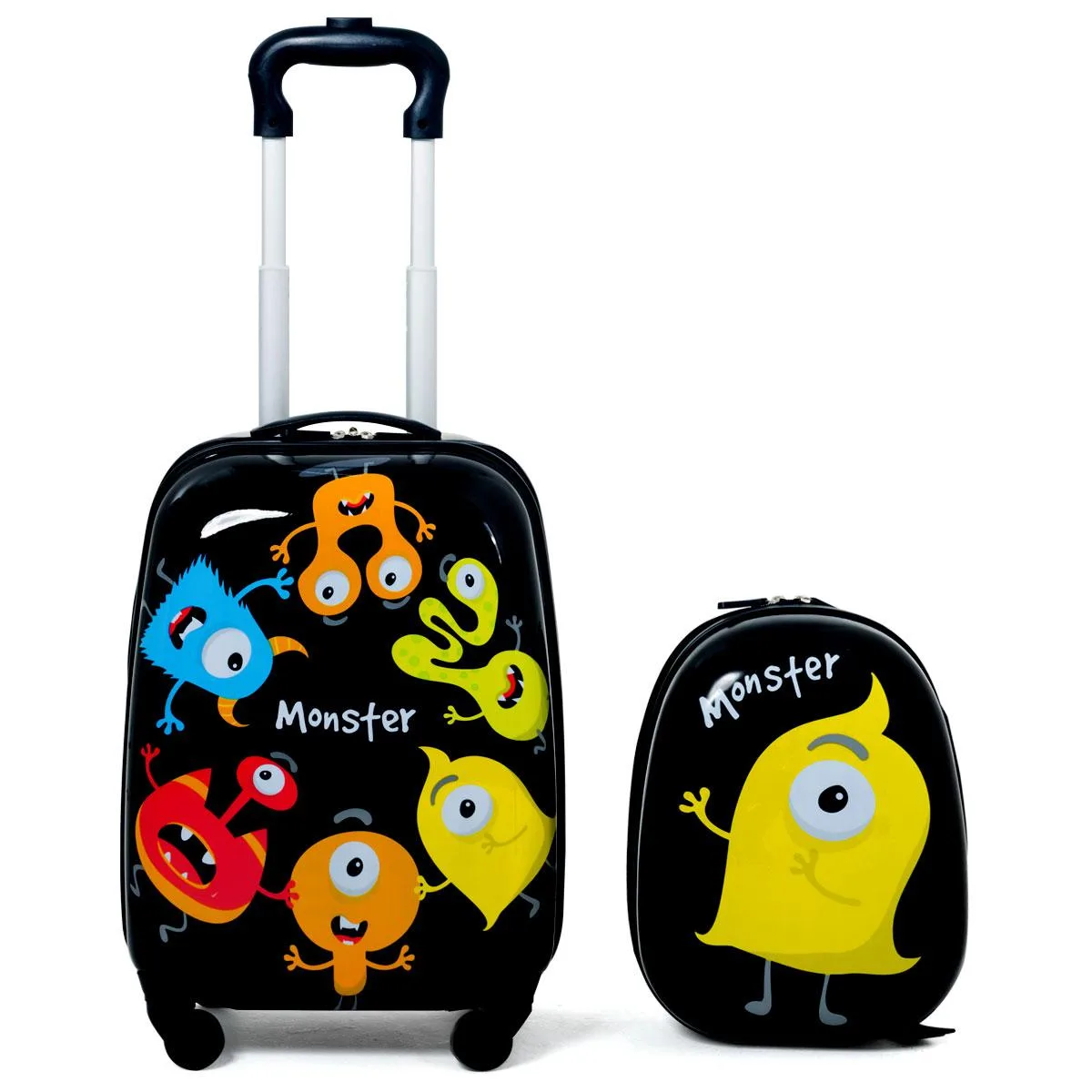 Two-piece kids luggage set with 12-inch backpack and 16-inch rolling suitcase in Pant colour with monster pattern