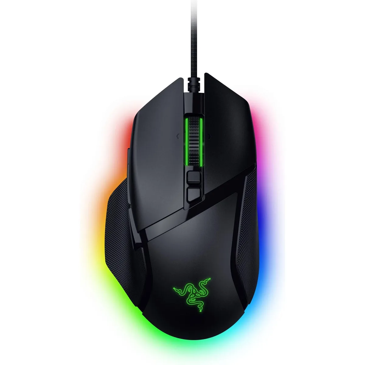 Black right-handed ergonomic wired gaming mouse with textured sides, 11 buttons, multi-function trigger and RGB underglow