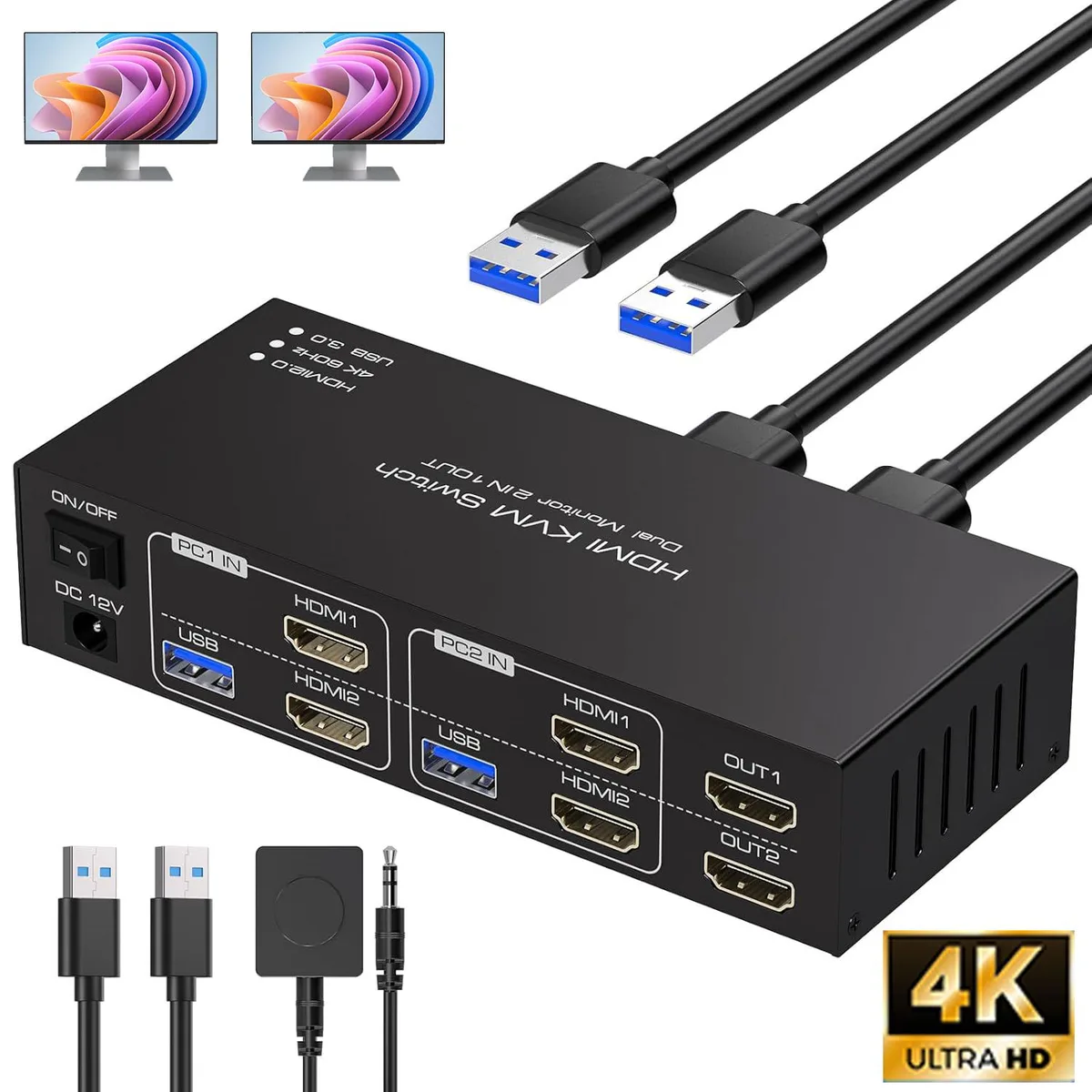 IHDAPP IHDAPP H202 KVM Switch 4K@60Hz Dual Monitor 2-Port USB 3.0 — product photo