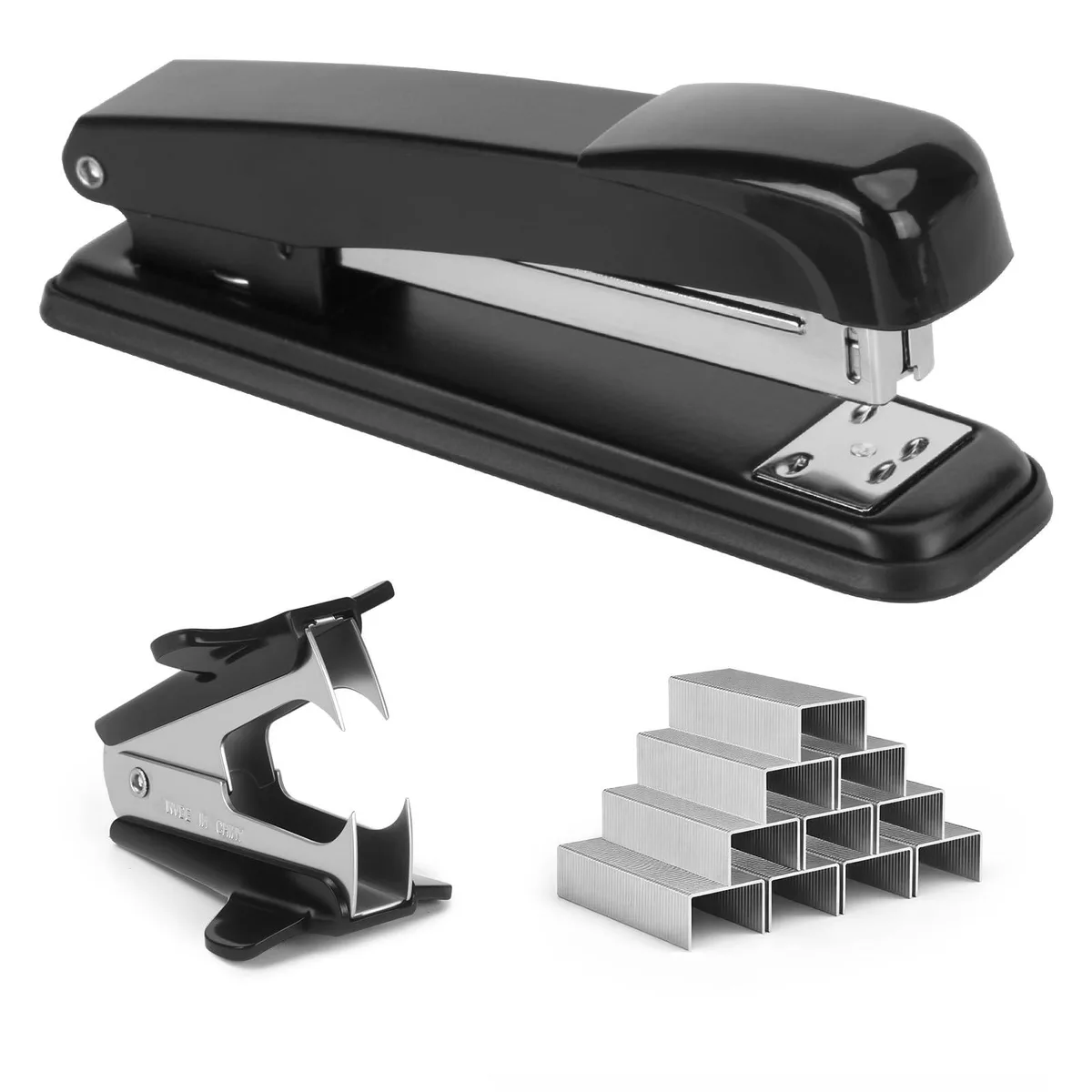 Black metal full-strip stapler with non-slip base, mini remover, and staple boxes