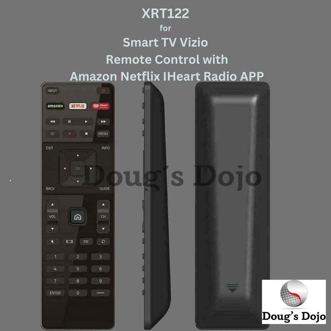 Black rectangular universal remote with dedicated app buttons for Netflix Amazon and iHeartRadio