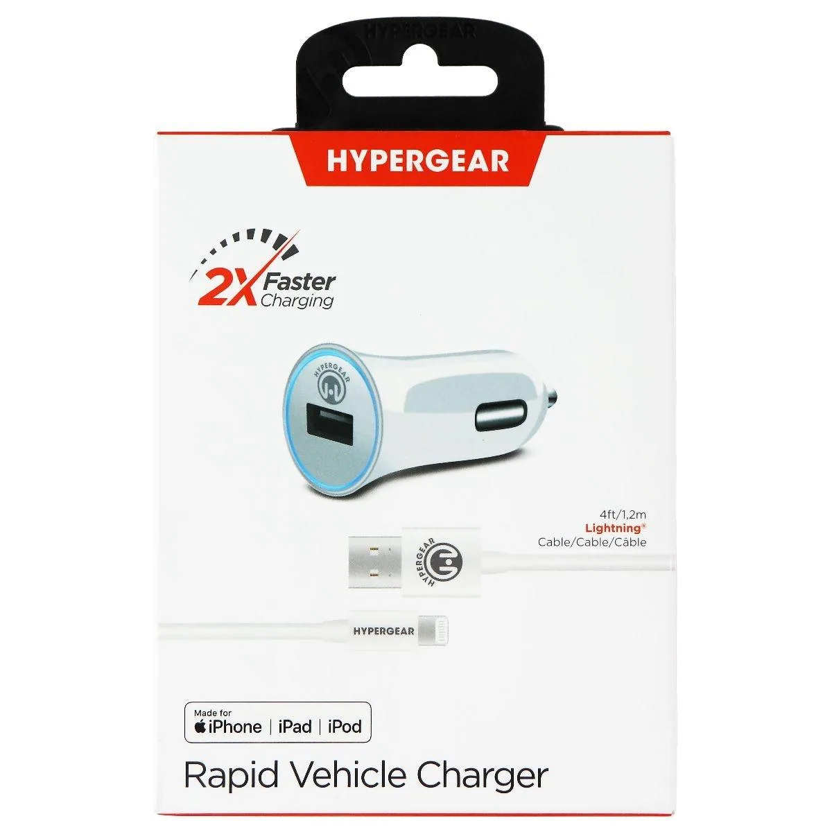 HyperGear HyperGear 2.4 A USB Car Charger with 4 ft 8-Pin Cable White — product photo