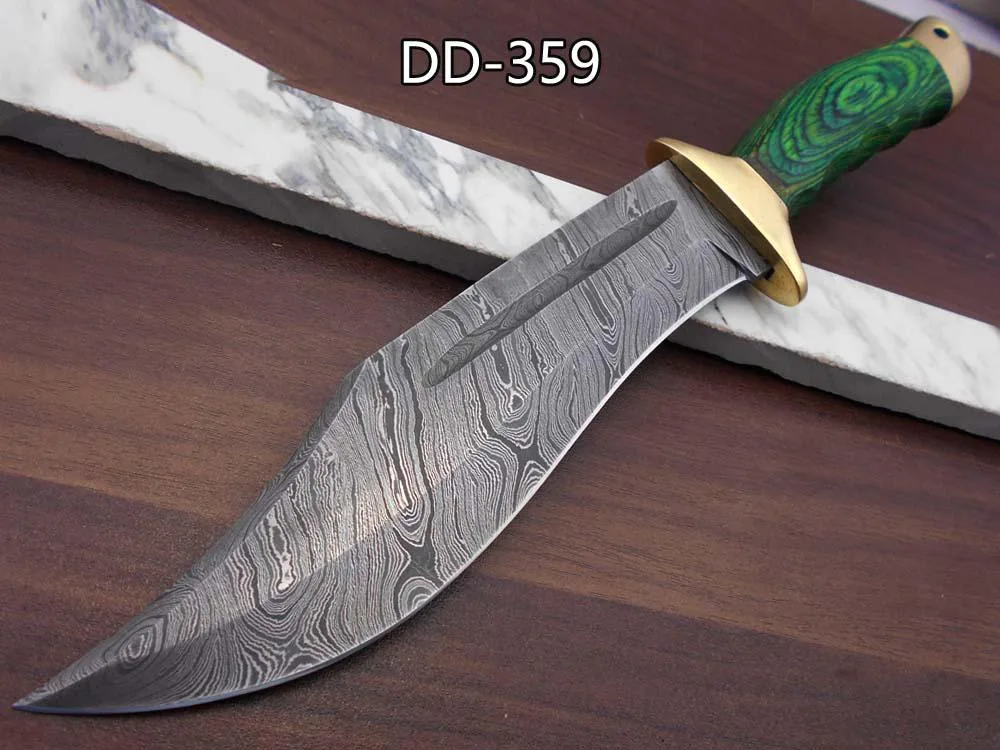 Damascus Depot Damascus Depot 13" Bowie Knife 8" Blade Green Wood Brass Guard Leather Sheath — product photo