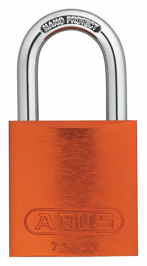 Orange anodised aluminium lockout padlock with hardened steel shackle keyed alike