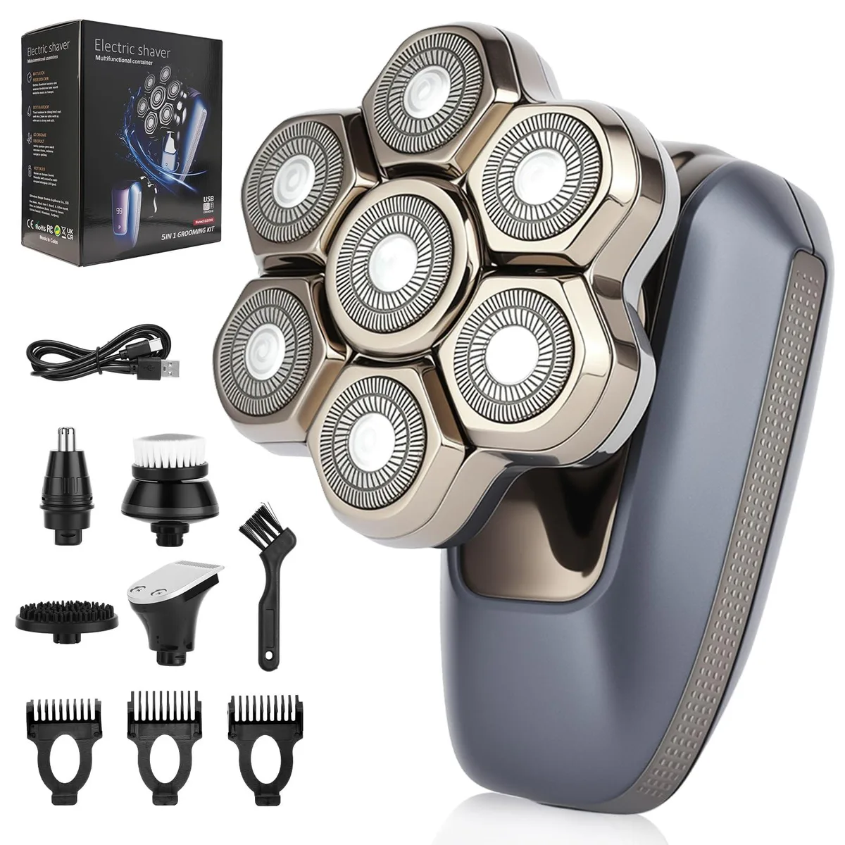 Black rotary head shaver with seven floating blades and LED display