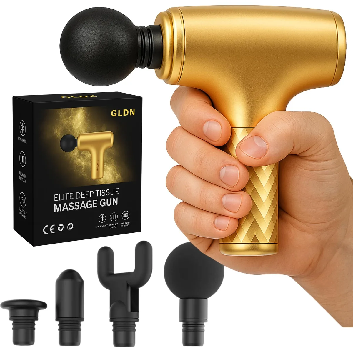 Compact blue handheld massage gun with gold finish and four attachments
