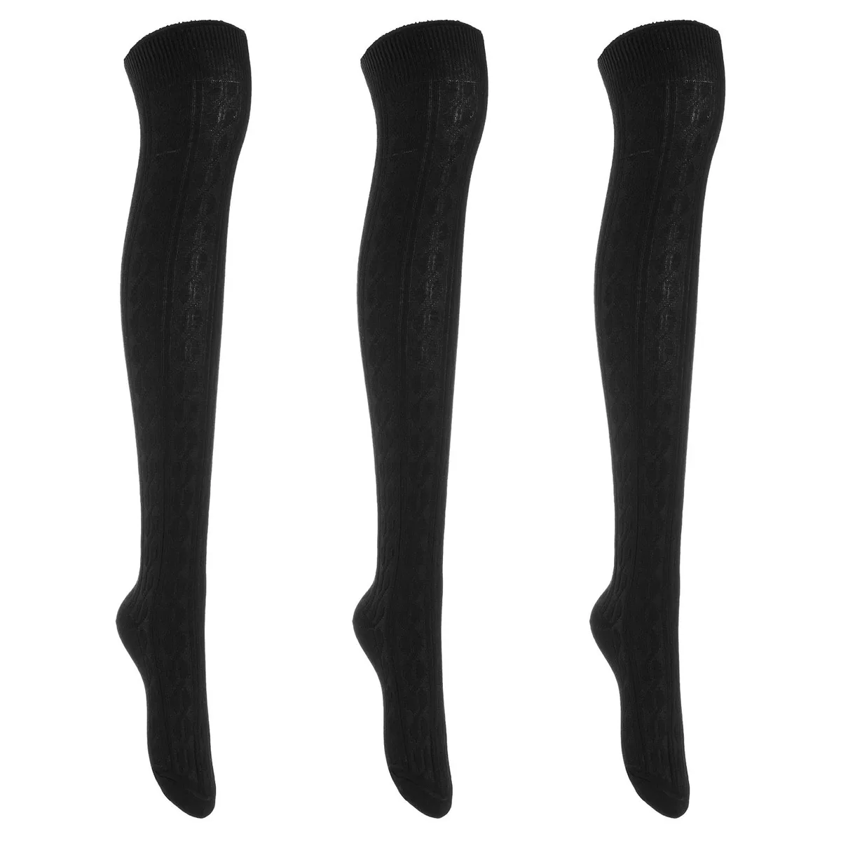 Three pairs of black thigh-high cotton socks, model 1024