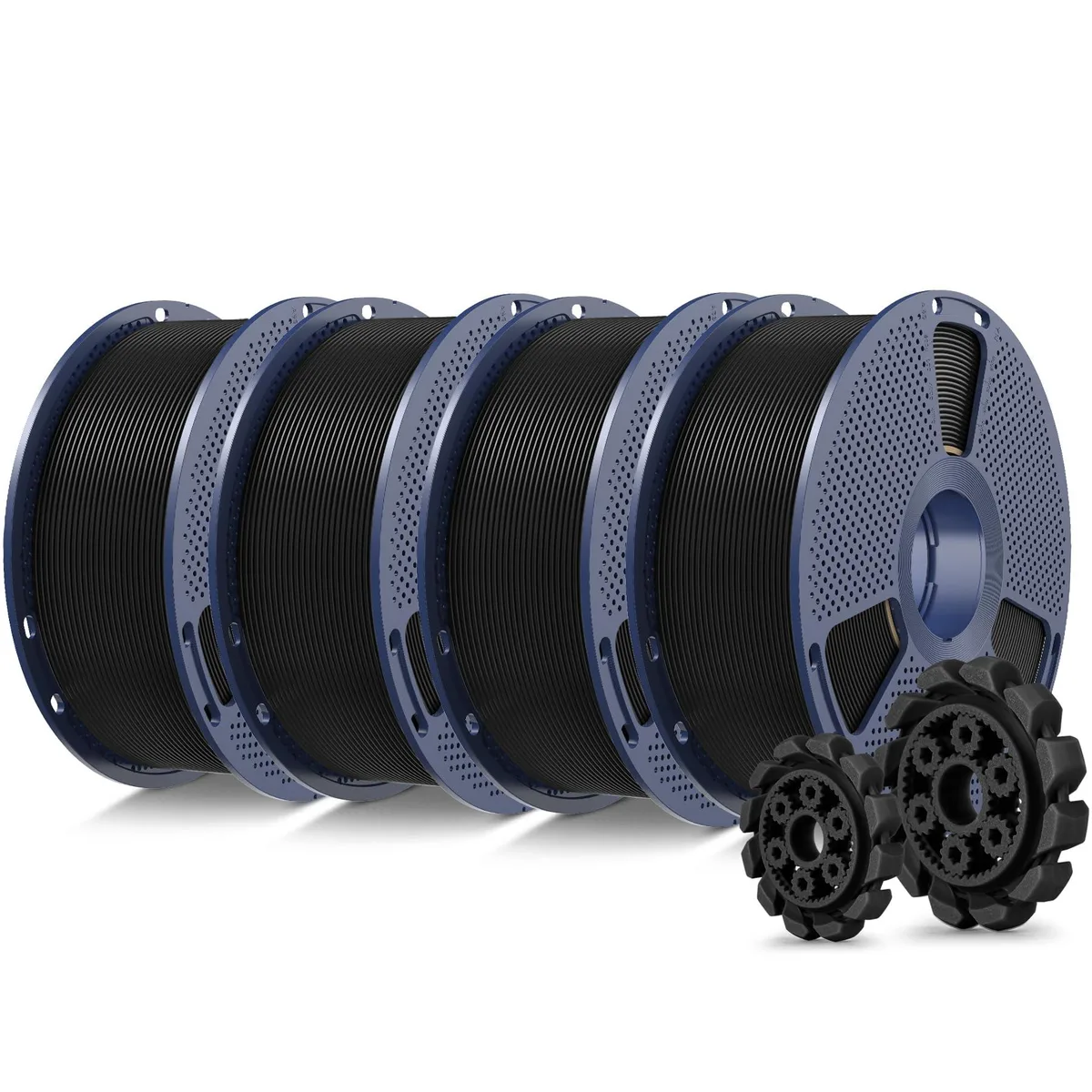 Four black filament spools in vacuum packaging