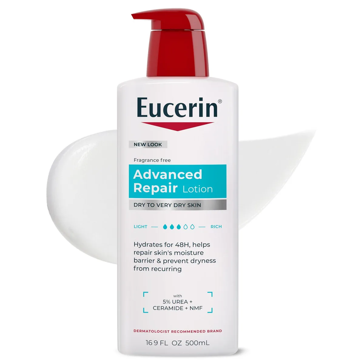 White pump bottle of Eucerin Advanced Repair lotion, 16.9 fl oz, unscented