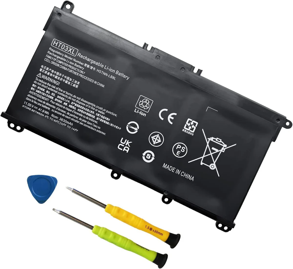 Rectangular black laptop battery with label showing 11.55V 41.9Wh 3-cell