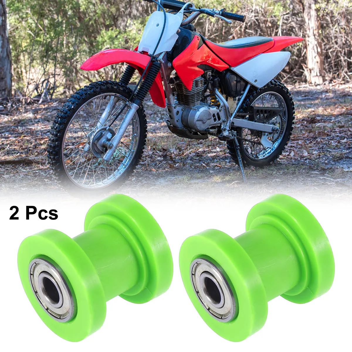 Two green chain tensioner rollers with metal bearings, 36mm diameter, 8mm bore