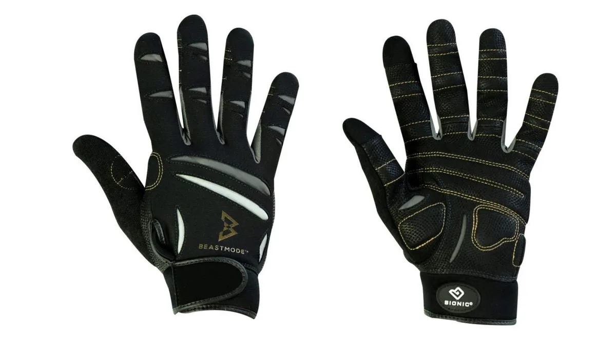Black full-finger fitness gloves with leather palm and hook-and-loop closure