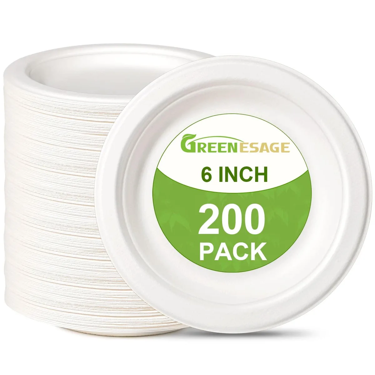 Stack of 200 white round bagasse plates 6 inch .5 inch thick