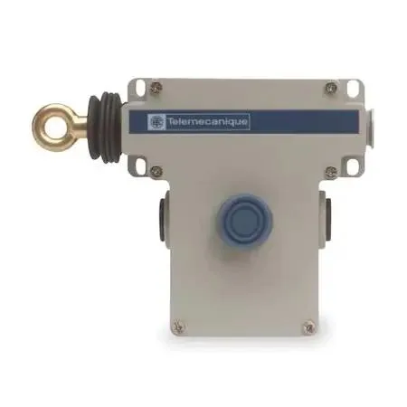 Yellow metal emergency cable pull switch with red reset button, rectangular box shape, left-side cable entry