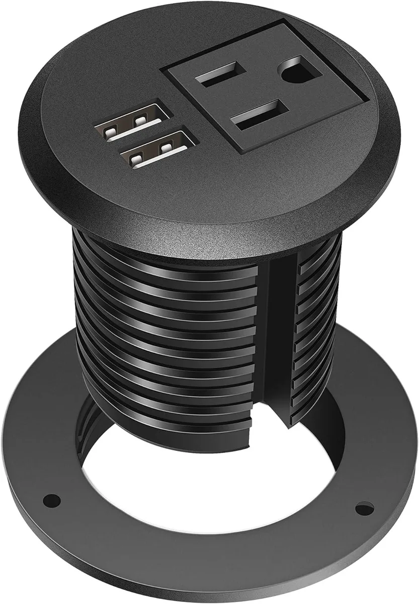 BFKK BFKK Desktop Power Grommet 2 inch Black 1 AC 2 USB 6.56ft Cable Fire Resistant — product photo