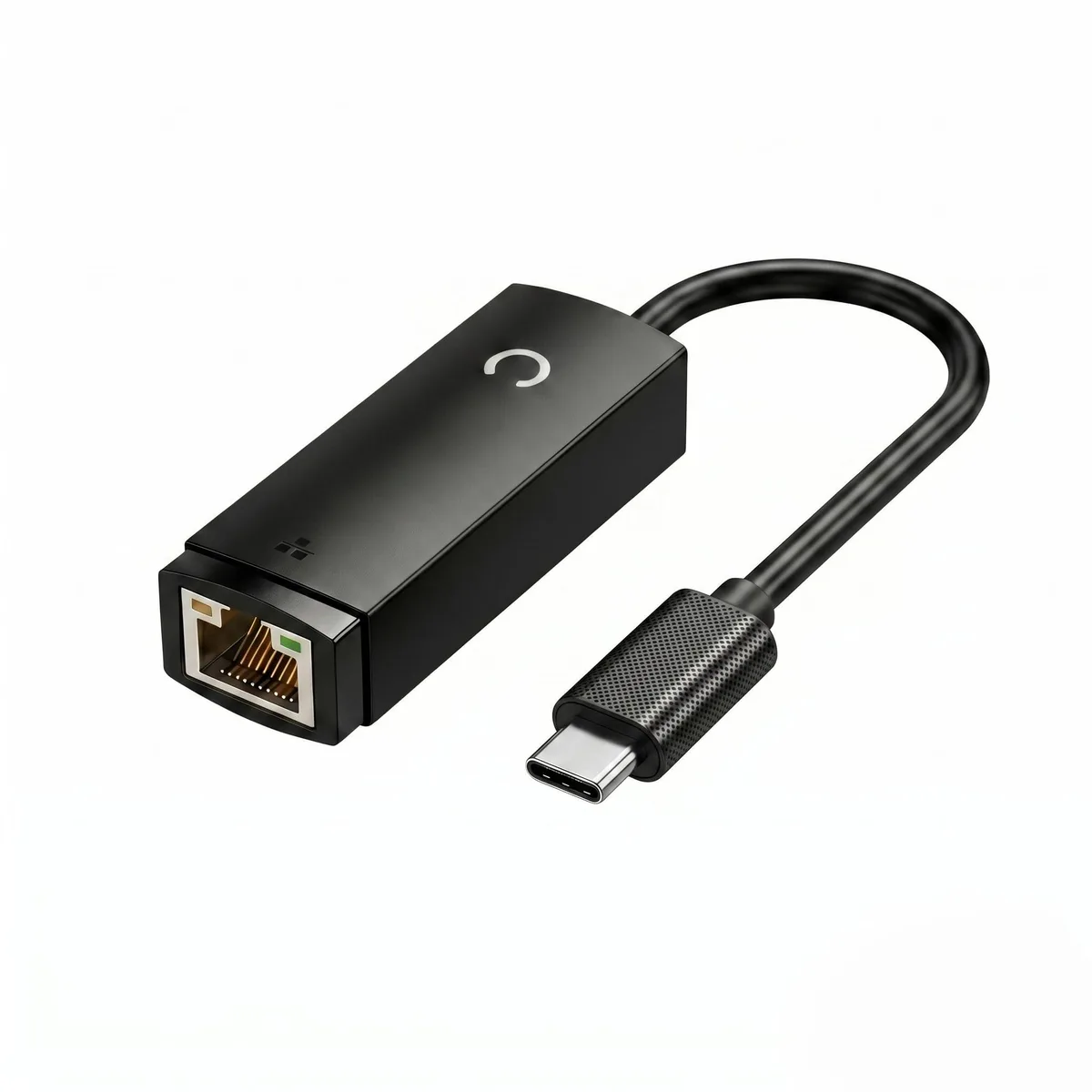 Black USB-C to RJ45 network adapter, compact rectangular shape, matte finish, green and yellow status LEDs