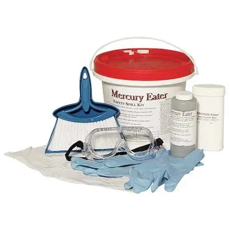 Grey 10 in cube spill kit bottle with mercury absorbent wipes gloves goggles disposal bag dustpan broom