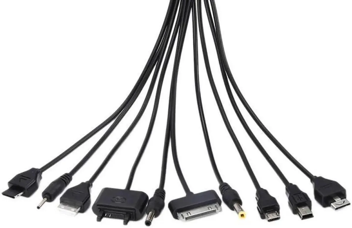 Short black USB 2.0 cable with ten assorted connectors fanned out