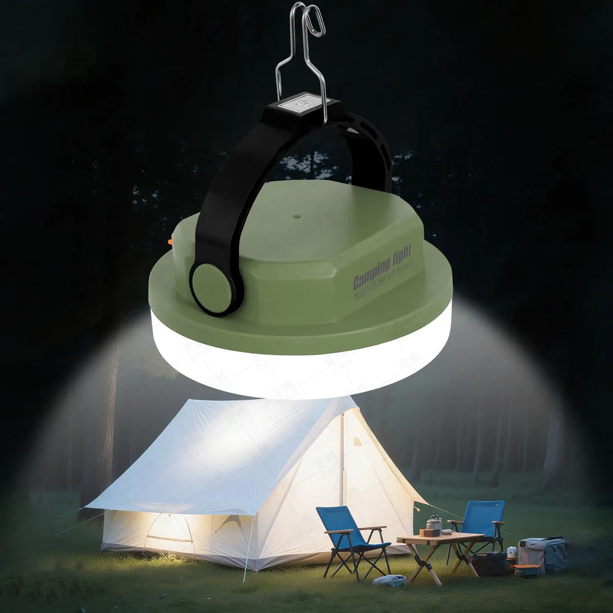 Army green cylindrical LED lantern with magnetic base and hook