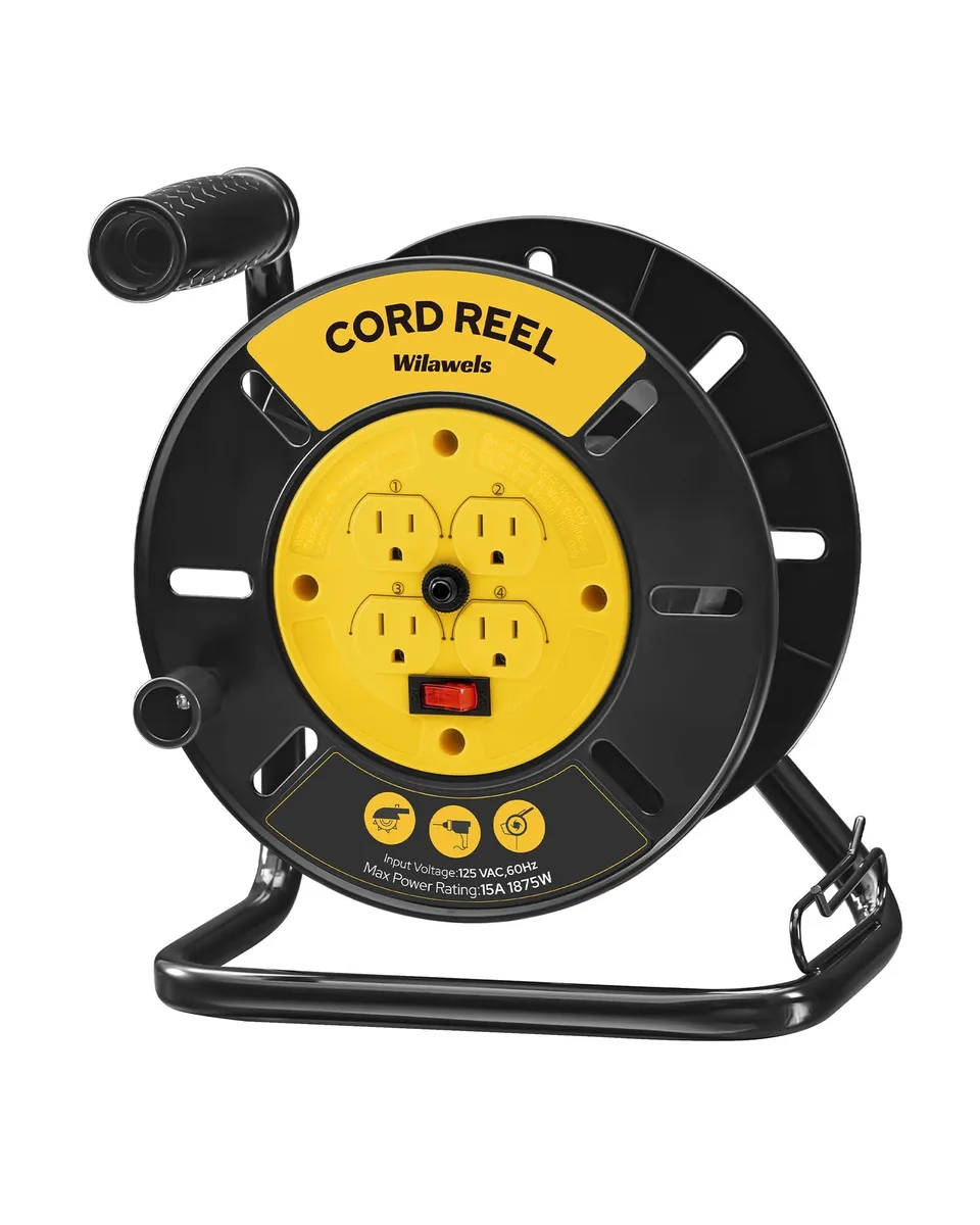 Yellow extension cord reel with four grounded outlets and a crank handle