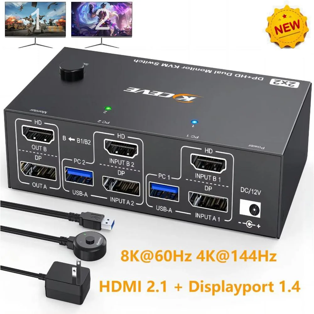 IHDAPP IHDAPP 8202DH Dual Monitor KVM Switch 2×2 HDMI DP 8K60 4×USB 3.0 Wired Remote — product photo