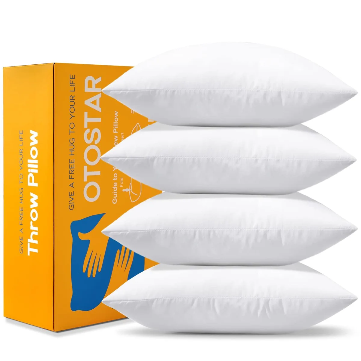 Four white square pillow inserts, 18 by 18 inches, vacuum-packed in a gift box