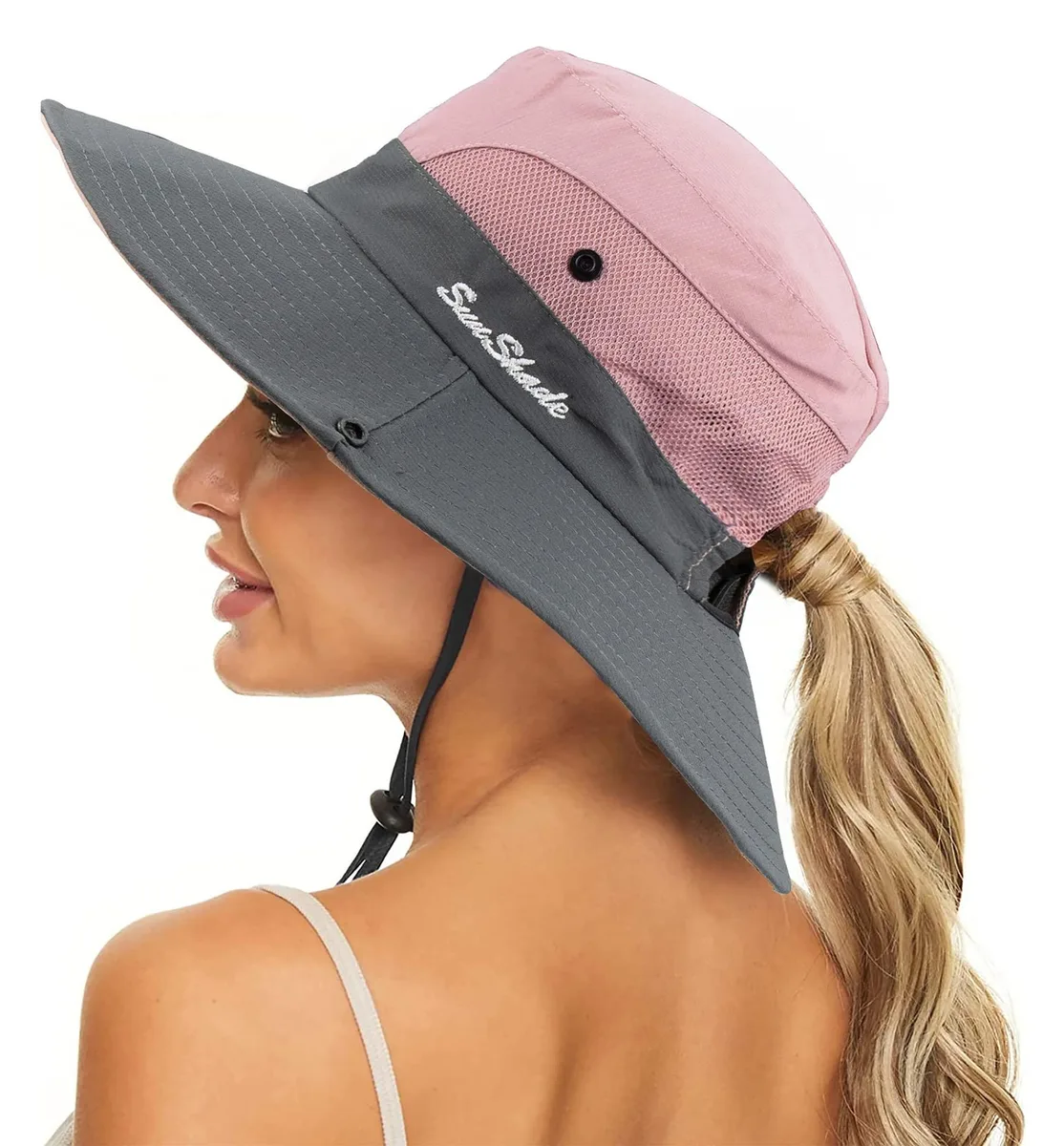 Summer Sun Hat Ponytail Wide Brim Foldable Mesh Black One Size 21-23in — product photo