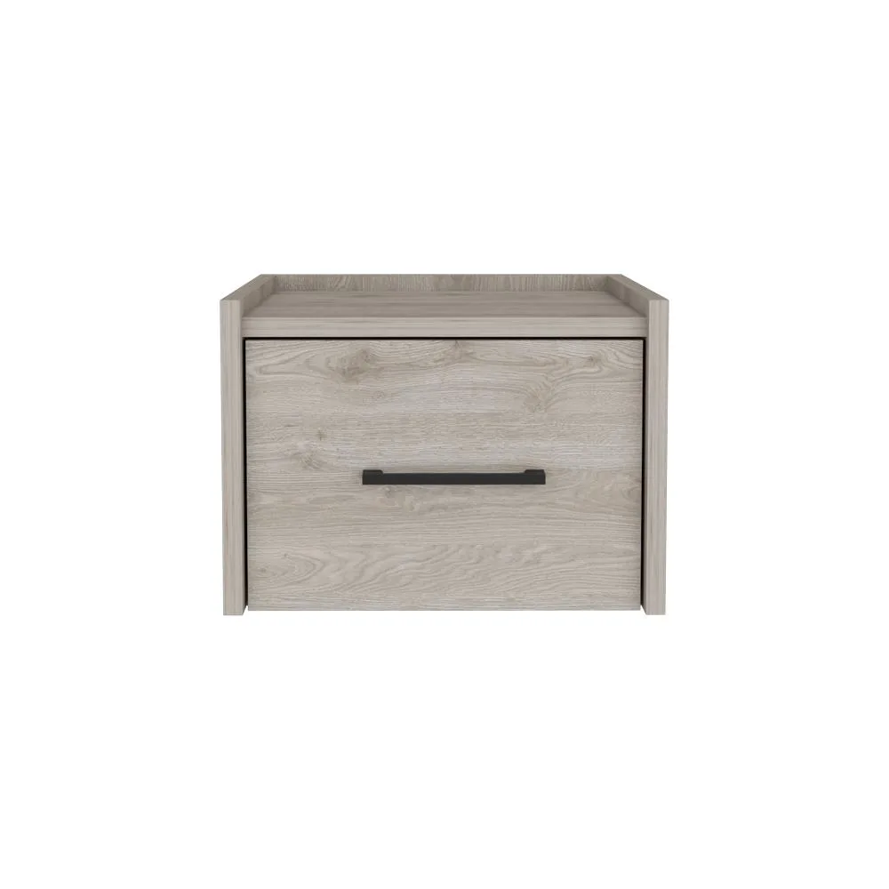 Wall-mounted light gray nightstand with single drawer and sleek handle