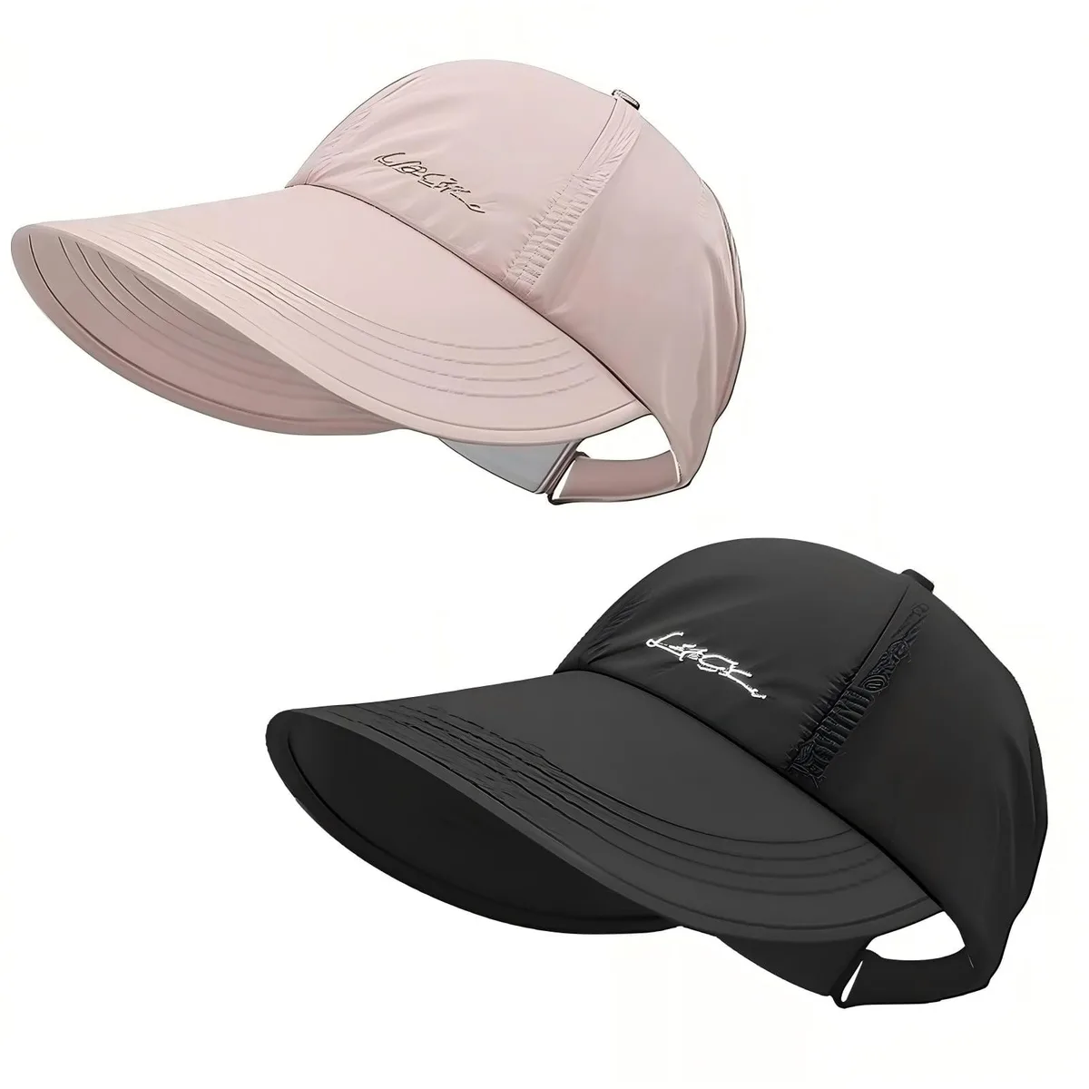 Two new unisex polyester baseball caps with wide brims and Velcro straps