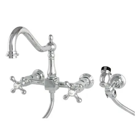 Two-handle wall-mount kitchen faucet in polished chrome with brass construction