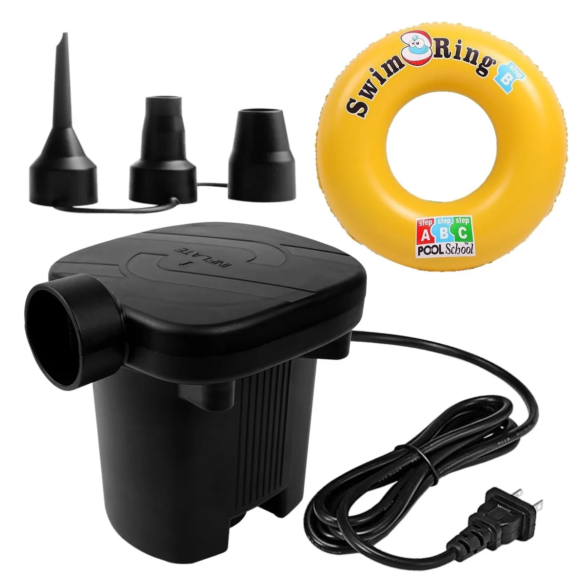 Compact grey plastic electric air pump with three nozzle attachments and AC power cord