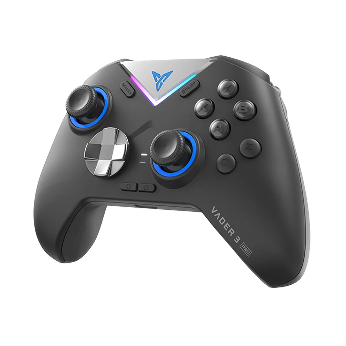 Black wireless gamepad with textured grips, asymmetric thumbsticks, V-shaped RGB light strip, and interchangeable trigger modules