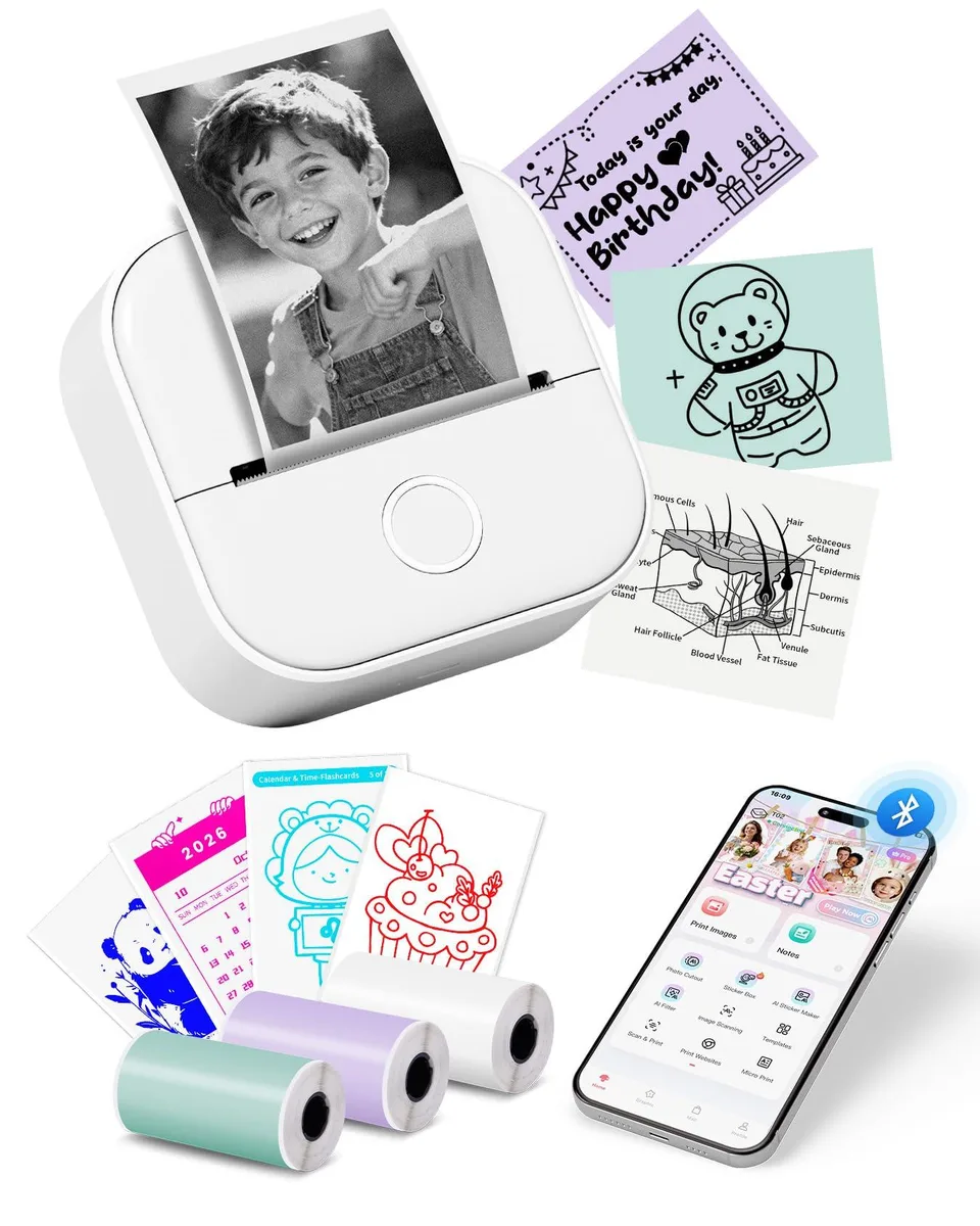 Small white square thermal label printer with three paper rolls