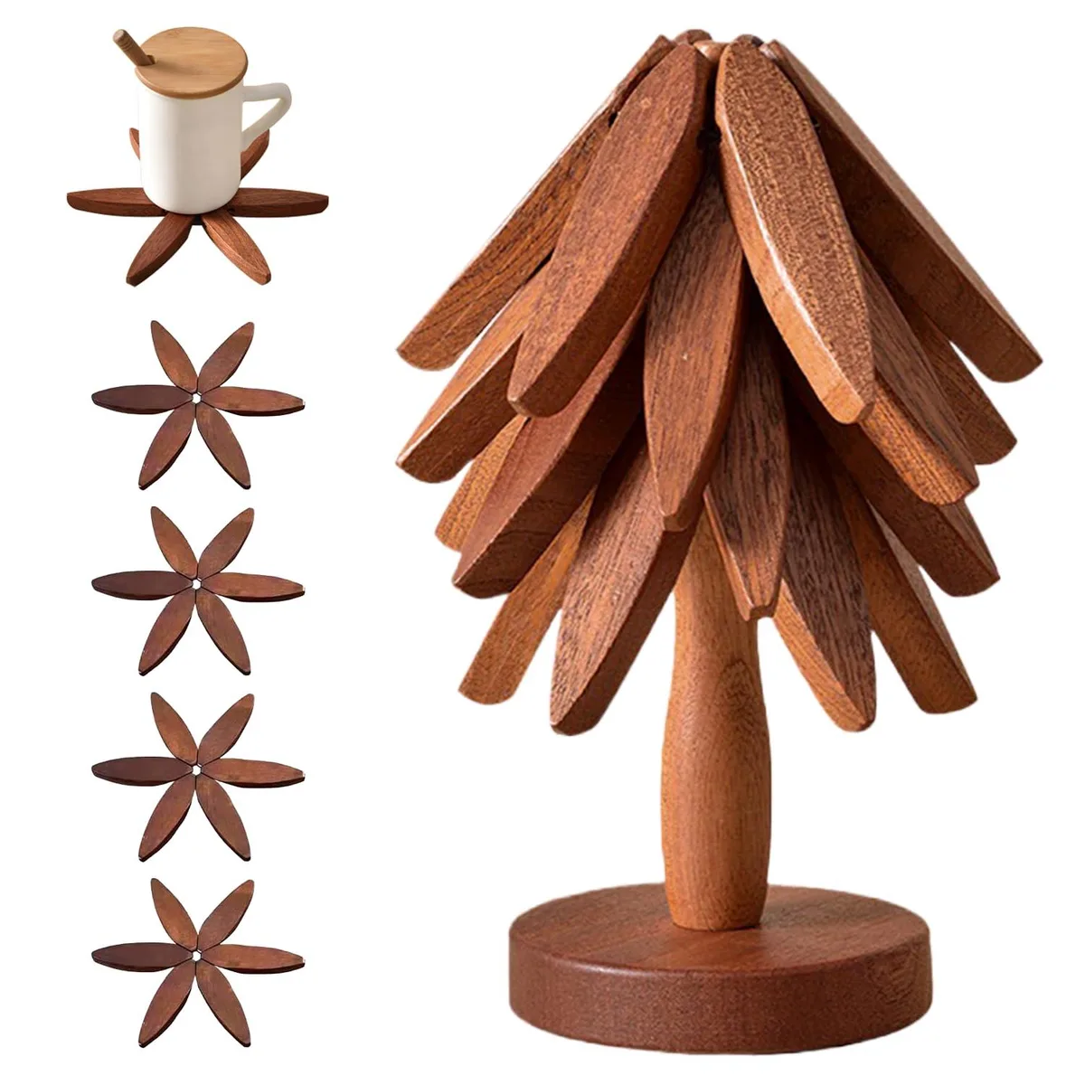 Four walnut trivets folded on a stand resembling a Christmas tree