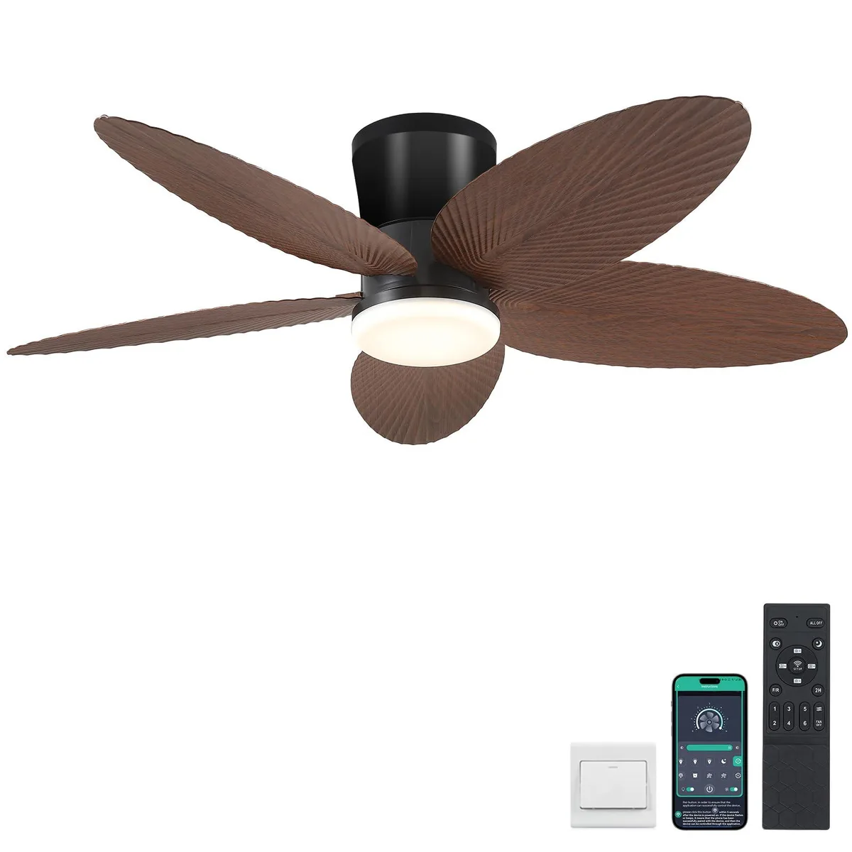 Brown 42in palm leaf ceiling fan with integrated LED light and flush mount base