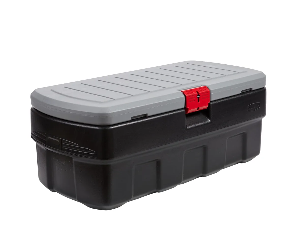 Black rectangular storage box with hinged lid and lockable latches