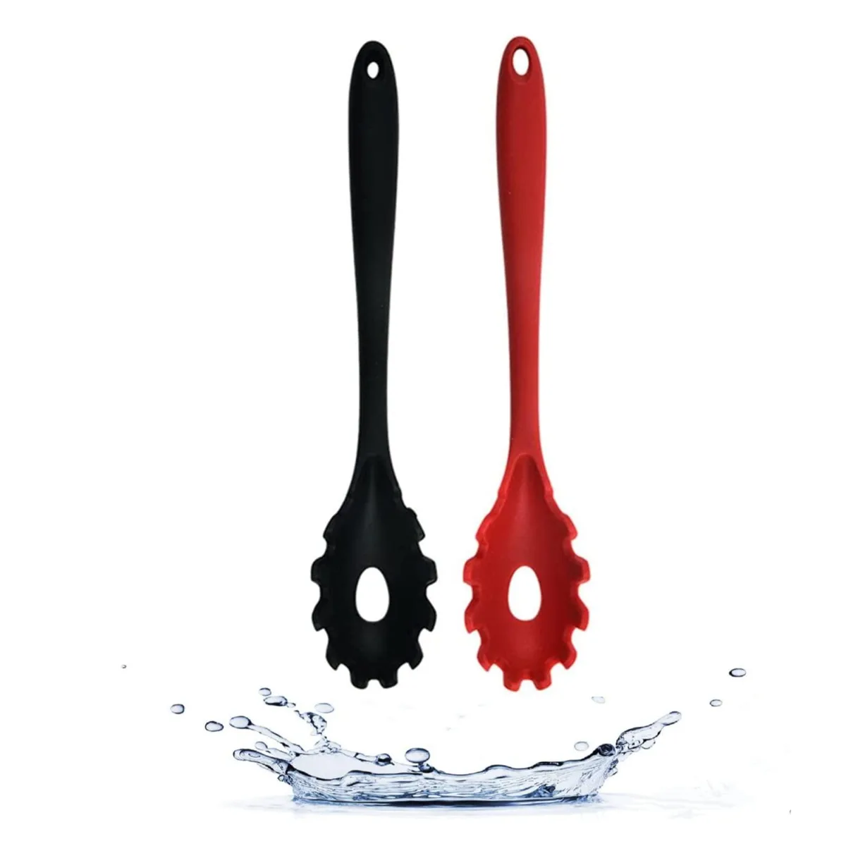 Two black and red silicone pasta forks, 11.2 in long, with wide slotted heads and hanging holes