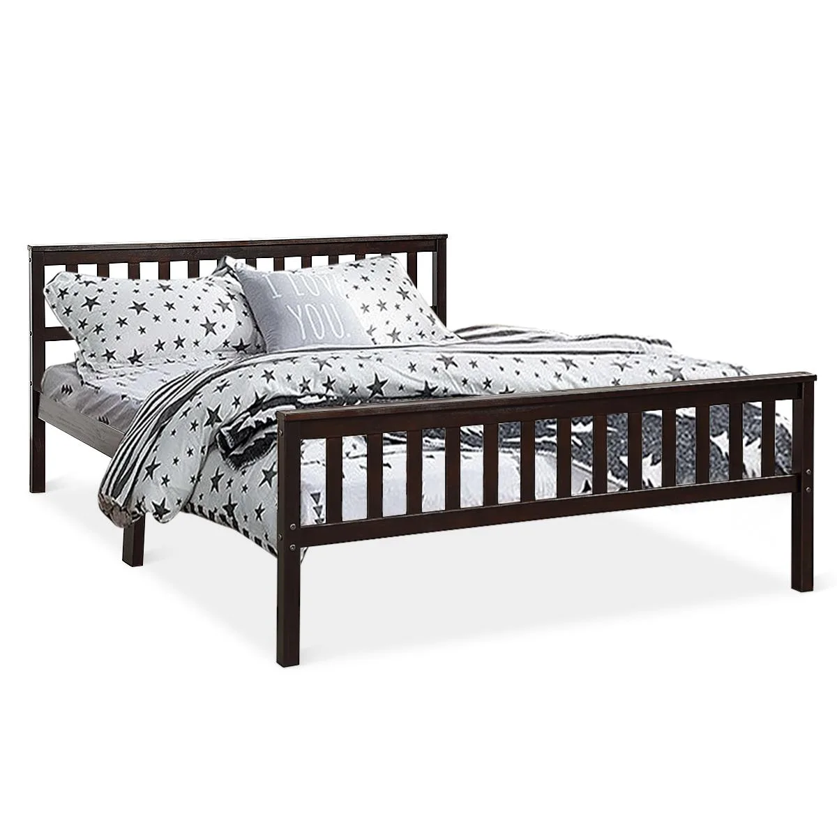 Wooden queen bed frame in brown finish with headboard and footboard