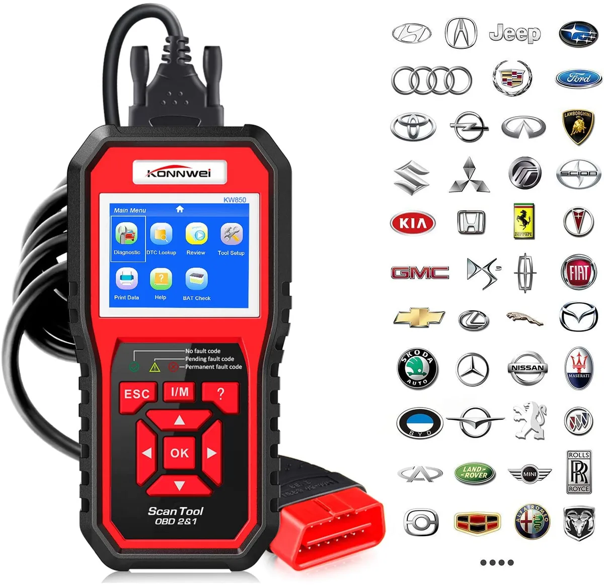 Red handheld OBD2 scanner with colour screen and cable
