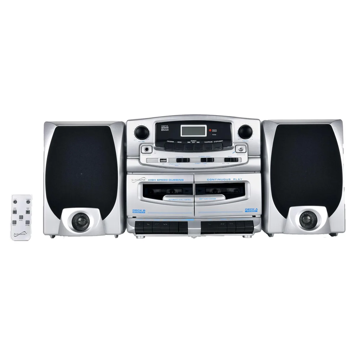 Black portable cassette player with detachable speakers and telescopic antenna