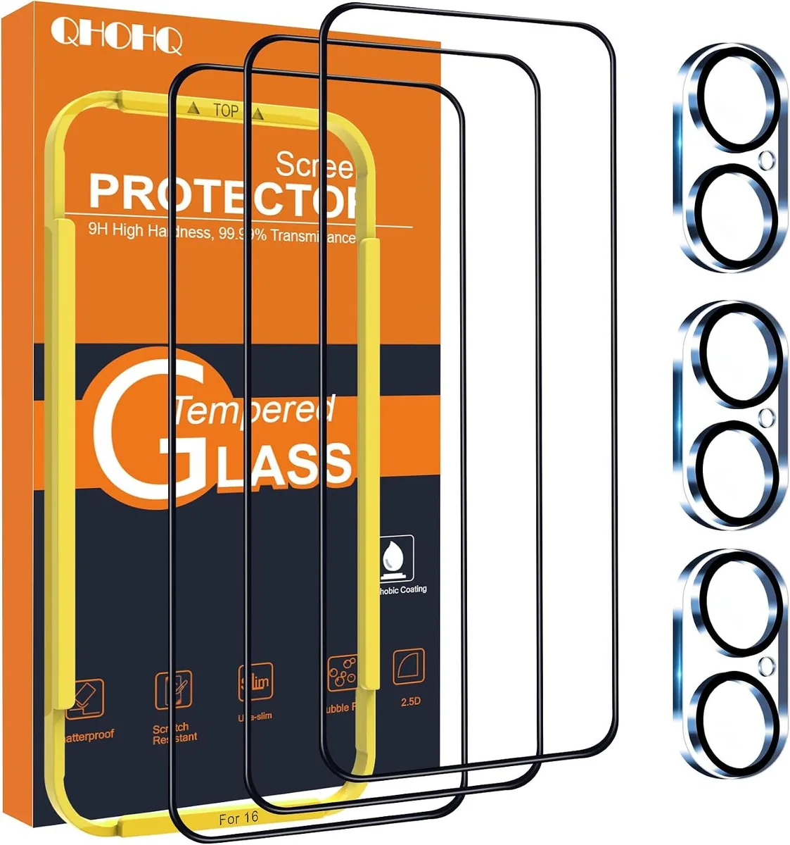 Three screen protectors and three camera lens protectors in clear tempered glass with black curved edges
