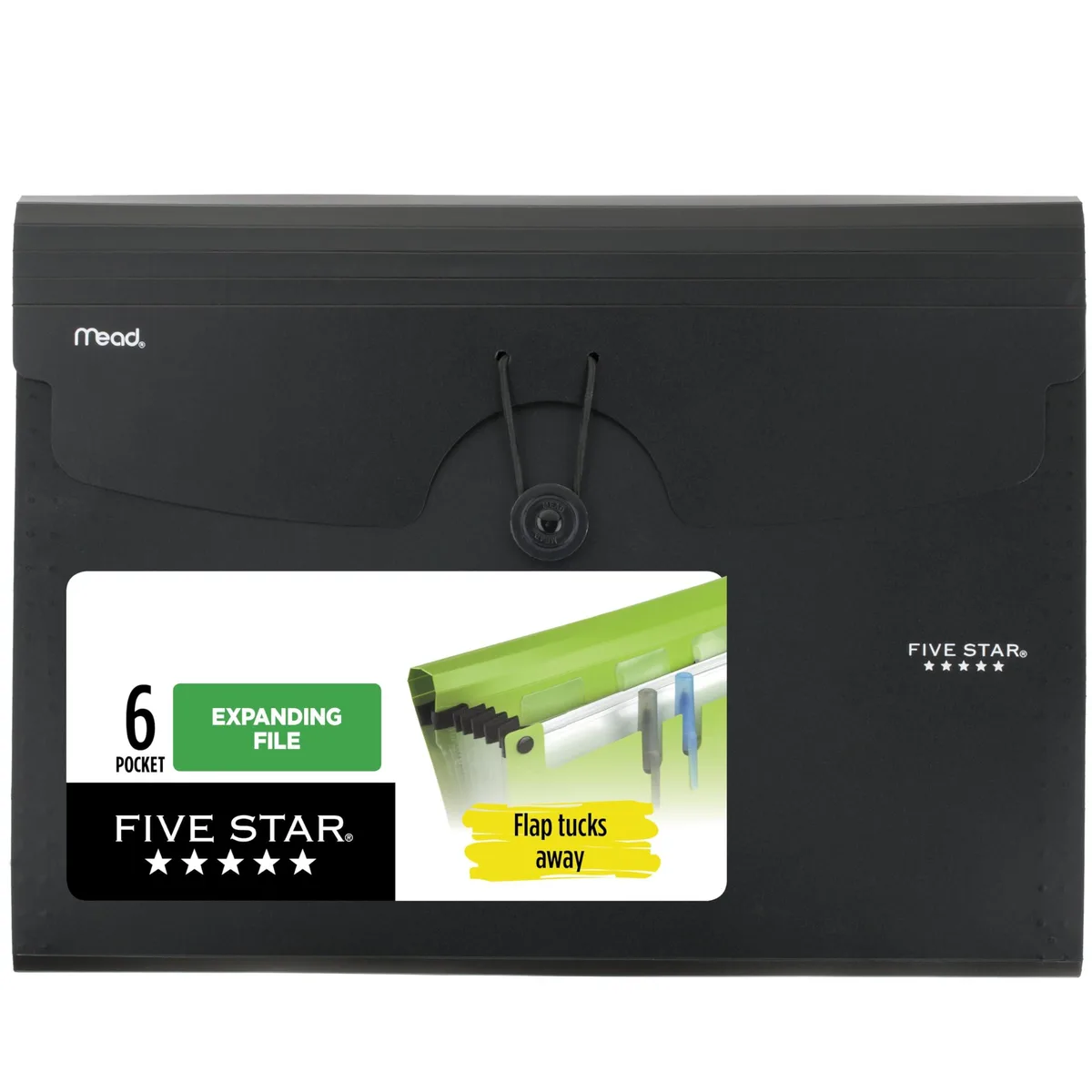 Black expanding file folder with six pockets and bungee closure
