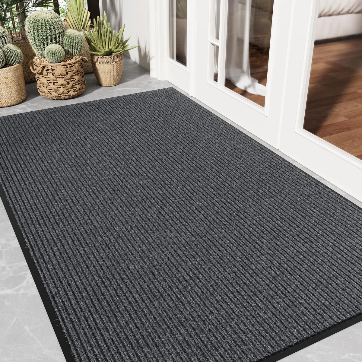 Black striped bamboo door mat, low-profile rectangular shape, machine-made finish