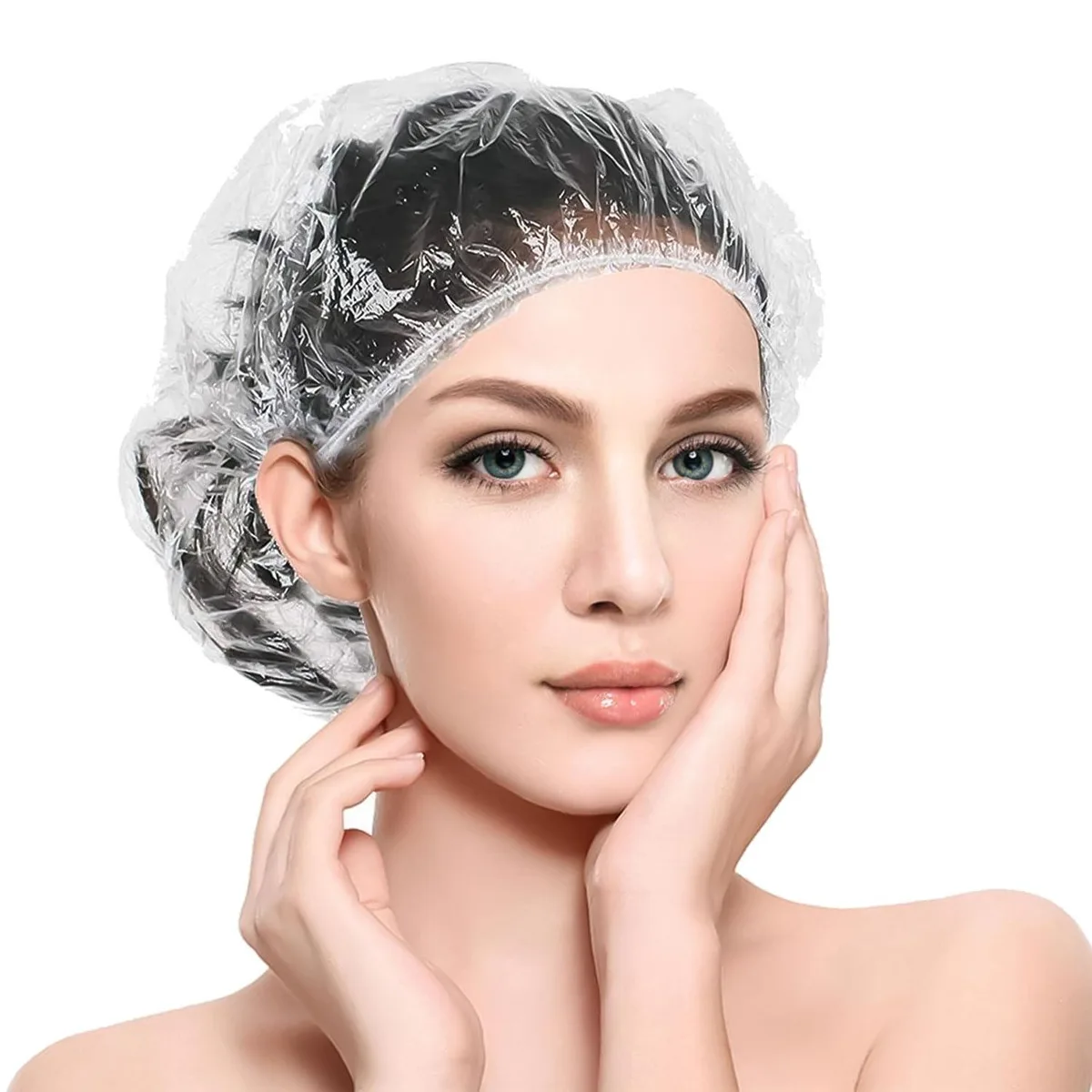 Clear plastic shower caps in bulk pack, elasticated edges, 100 count