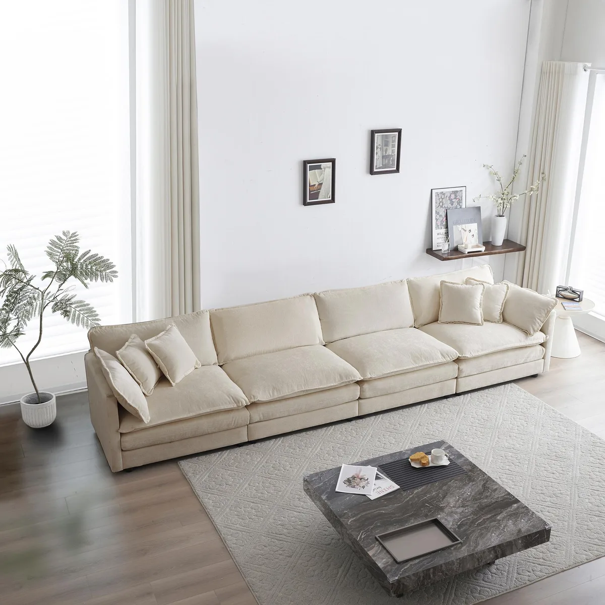 Beige four-seat modular chenille sofa with 22 configurations