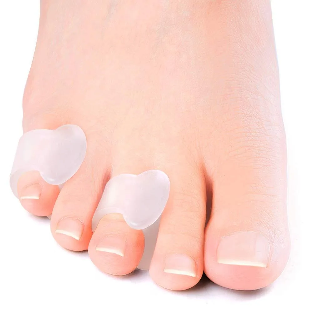 Twelve transparent gel toe separators in a sealed package