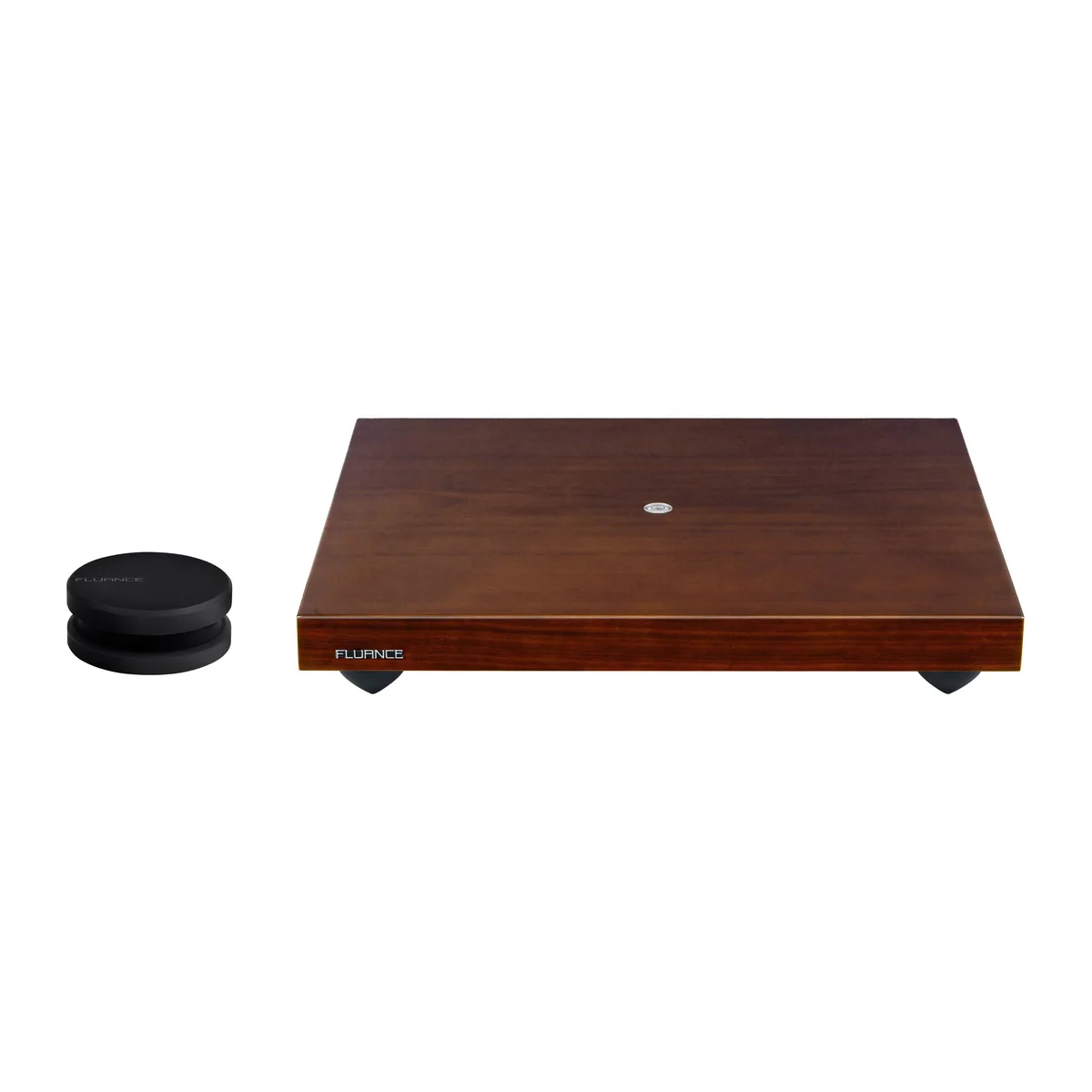 Natural walnut isolation base with rubberized finish, adjustable feet, bubble level and steel record weight