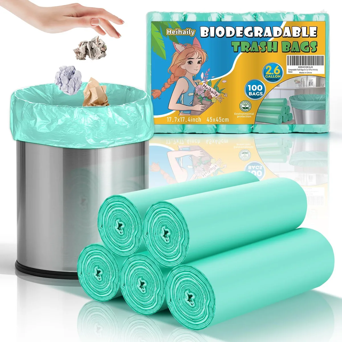 heihaily 2.6gal100 2.6 Gallon Compostable Garbage Bags 100 Count Green — product photo