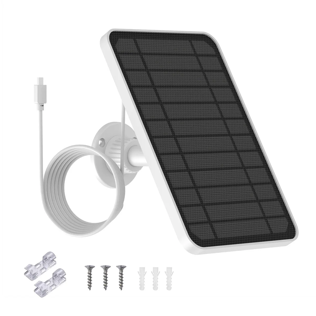 Rectangular black solar panel with adjustable mount and USB-C cable